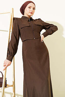 Bel Tünelli Taşlı Ceketli Jile Takım Kahve - İkili Takım