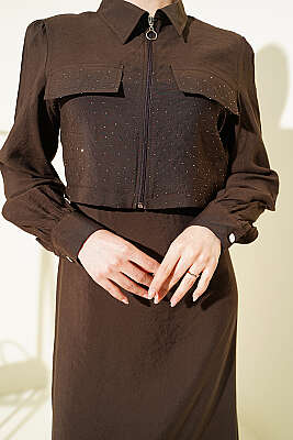 Bel Tünelli Taşlı Ceketli Jile Takım Kahve - İkili Takım