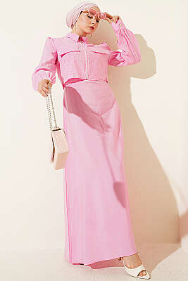 Bel Tünelli Taşlı Ceketli Jile Takım Pembe - ASME