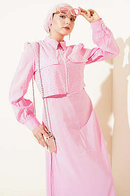 Bel Tünelli Taşlı Ceketli Jile Takım Pembe - İkili Takım