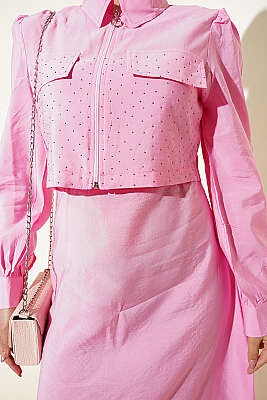 Bel Tünelli Taşlı Ceketli Jile Takım Pembe - İkili Takım