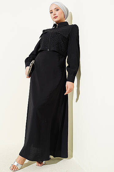 Bel Tünelli Taşlı Ceketli Jile Takım Siyah - İkili Takım