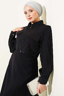 Bel Tünelli Taşlı Ceketli Jile Takım Siyah - İkili Takım