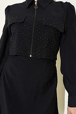 Bel Tünelli Taşlı Ceketli Jile Takım Siyah - İkili Takım