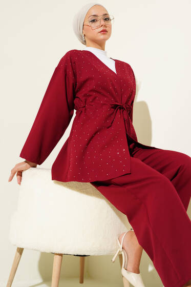 Bel Tünelli Taşlı Kimono İkili Takım Bordo - İkili Takım