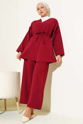 Bel Tünelli Taşlı Kimono İkili Takım Bordo - İkili Takım