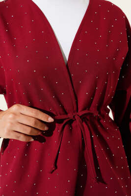 Bel Tünelli Taşlı Kimono İkili Takım Bordo - İkili Takım