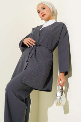 Bel Tünelli Taşlı Kimono İkili Takım Füme - İkili Takım