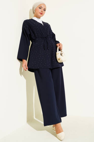 Bel Tünelli Taşlı Kimono İkili Takım Lacivert - İkili Takım
