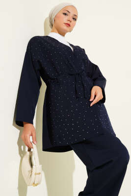 Bel Tünelli Taşlı Kimono İkili Takım Lacivert - İkili Takım