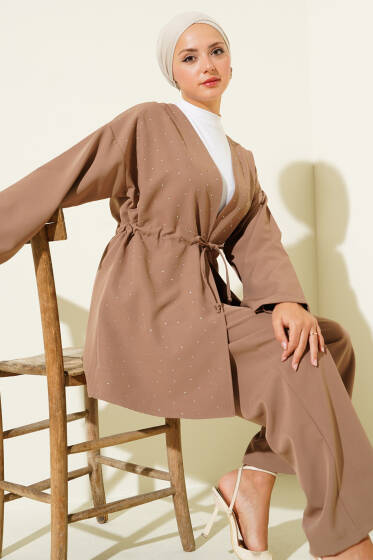 Bel Tünelli Taşlı Kimono İkili Takım Latte - İkili Takım