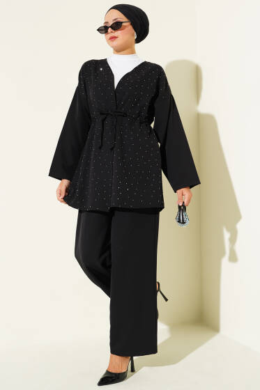 Bel Tünelli Taşlı Kimono İkili Takım Siyah - İkili Takım
