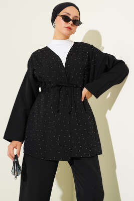 Bel Tünelli Taşlı Kimono İkili Takım Siyah - İkili Takım