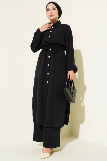 Bel Tünelli Uzun Tunikli Dabıl İkili Takım Siyah - İkili Takım