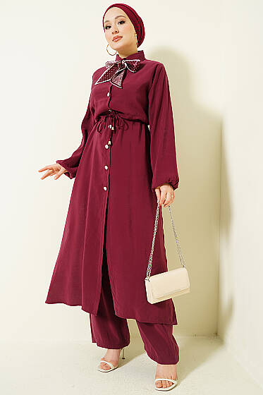 Bel Tünelli Uzun Tunikli Modal İkili Takım Bordo - İkili Takım