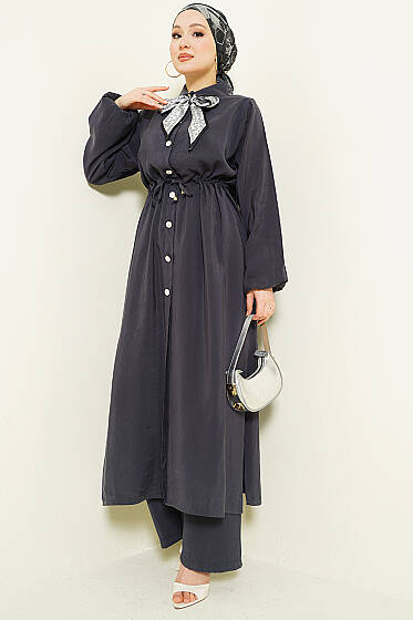 Bel Tünelli Uzun Tunikli Modal İkili Takım Füme - İkili Takım