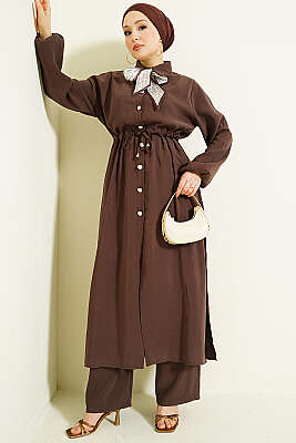 Bel Tünelli Uzun Tunikli Modal İkili Takım Kahve - NESSİA