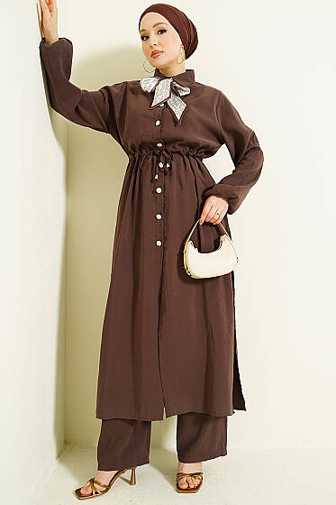 Bel Tünelli Uzun Tunikli Modal İkili Takım Kahve - İkili Takım