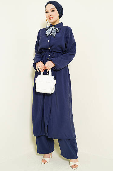 Bel Tünelli Uzun Tunikli Modal İkili Takım Lacivert - İkili Takım