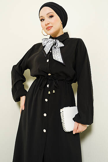 Bel Tünelli Uzun Tunikli Modal İkili Takım Siyah - İkili Takım