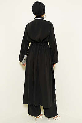 Bel Tünelli Uzun Tunikli Modal İkili Takım Siyah - İkili Takım