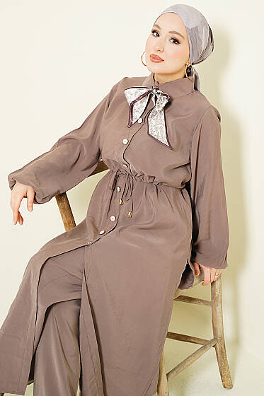 Bel Tünelli Uzun Tunikli Modal İkili Takım Vizon - İkili Takım