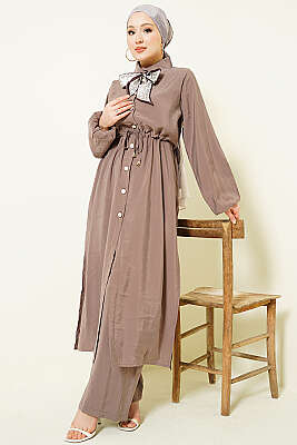 Bel Tünelli Uzun Tunikli Modal İkili Takım Vizon - İkili Takım