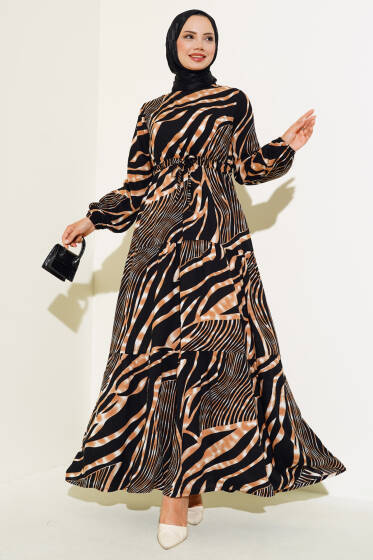 Bel Tünelli Viskon Elbise Camel - Elbise