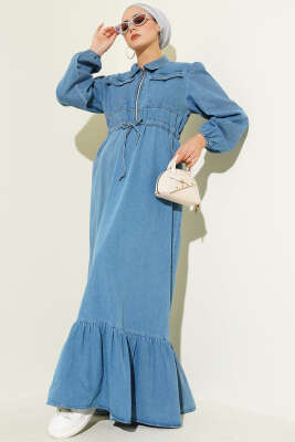 Bel Tünelli Yaka Fermuarlı Kot Elbise Açık Mavi - TEGOE