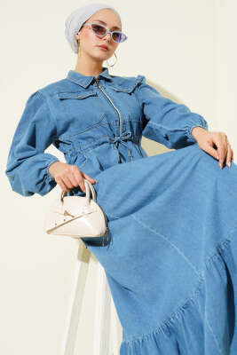 Bel Tünelli Yaka Fermuarlı Kot Elbise Açık Mavi - Elbise