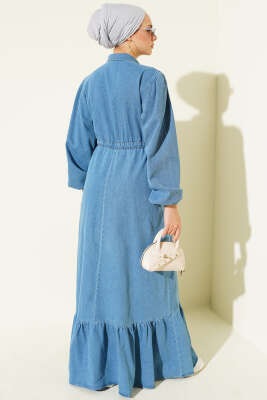 Bel Tünelli Yaka Fermuarlı Kot Elbise Açık Mavi - Elbise
