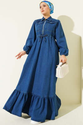 Bel Tünelli Yaka Fermuarlı Kot Elbise Mavi - TEGOE