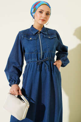 Bel Tünelli Yaka Fermuarlı Kot Elbise Mavi - Elbise