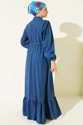 Bel Tünelli Yaka Fermuarlı Kot Elbise Mavi - Elbise