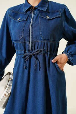 Bel Tünelli Yaka Fermuarlı Kot Elbise Mavi - Elbise