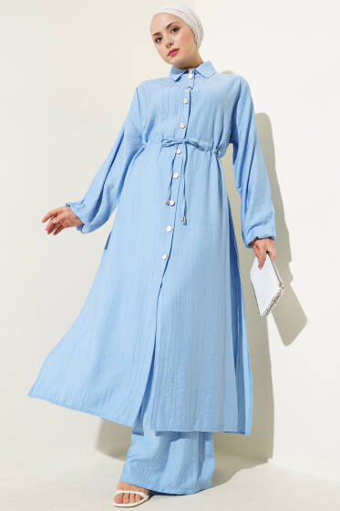 Bel Tünelli Yan Yırtmaçlı Uzun Tunik İkili Takım Bebe Mavi - İkili Takım