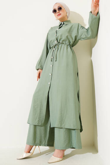 Bel Tünelli Yan Yırtmaçlı Uzun Tunik İkili Takım Çağla Yeşili - İkili Takım