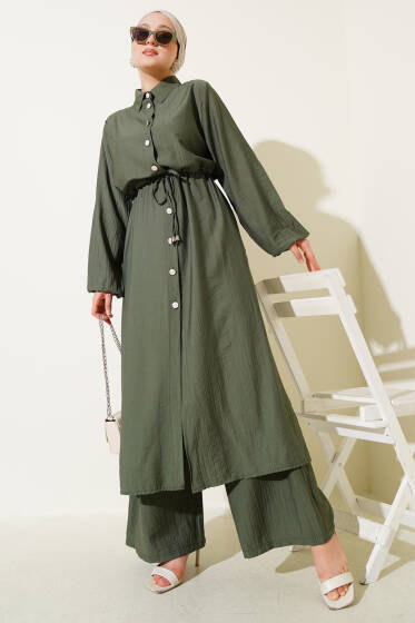 Bel Tünelli Yan Yırtmaçlı Uzun Tunik İkili Takım Haki - İkili Takım