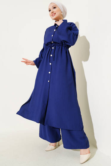 Bel Tünelli Yan Yırtmaçlı Uzun Tunik İkili Takım Lacivert - İkili Takım