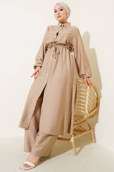 Bel Tünelli Yan Yırtmaçlı Uzun Tunik İkili Takım Latte - İkili Takım