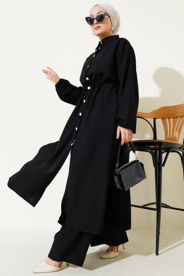 Bel Tünelli Yan Yırtmaçlı Uzun Tunik İkili Takım Siyah - İkili Takım