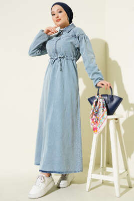 Bel Tünelli Yarım Fermuarlı Kot Elbise Kot Mavisi - VAV TEKSTİL