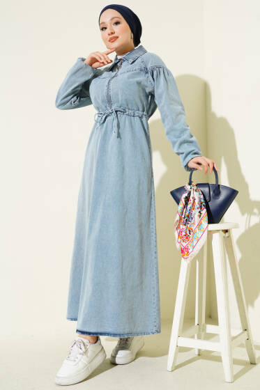 Bel Tünelli Yarım Fermuarlı Kot Elbise Kot Mavisi - Elbise