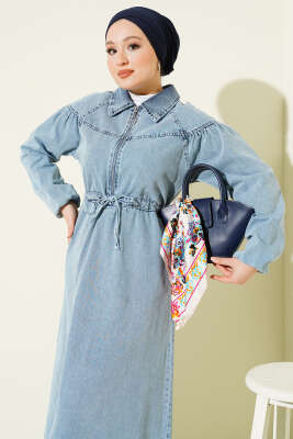 Bel Tünelli Yarım Fermuarlı Kot Elbise Kot Mavisi - Elbise