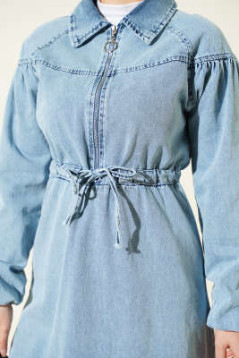 Bel Tünelli Yarım Fermuarlı Kot Elbise Kot Mavisi - Elbise