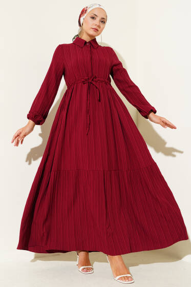 Bel Tünelli Yarım Gizli Düğmeli Elbise Bordo - Elbise