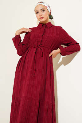 Bel Tünelli Yarım Gizli Düğmeli Elbise Bordo - Tesettür Elbise