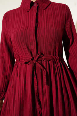 Bel Tünelli Yarım Gizli Düğmeli Elbise Bordo - Tesettür Elbise