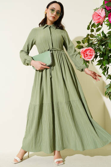 Bel Tünelli Yarım Gizli Düğmeli Elbise Çağla Yeşili - Elbise