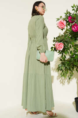 Bel Tünelli Yarım Gizli Düğmeli Elbise Çağla Yeşili - Tesettür Elbise